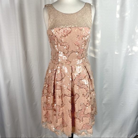 Anthropologie Dresses & Skirts - Anthropologie Eva Franco  Blush Gold Sequin Lace Fit and Flare Dress 8